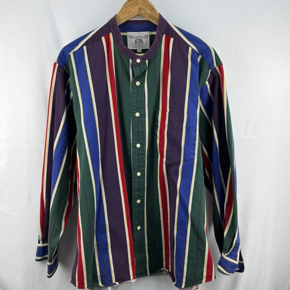 Vintage John Ashford Sport Striped Band‎ Collar Shirt Casual Button Down Top L - Picture 1 of 11